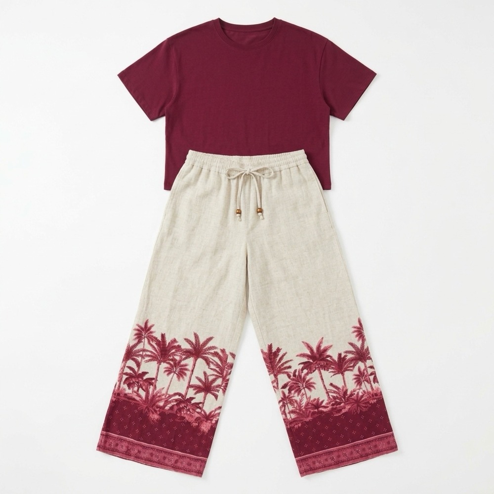 House of Harlow 1960 H&M Set Women M Burgundy Palm Print Linen Pants Crop Top
